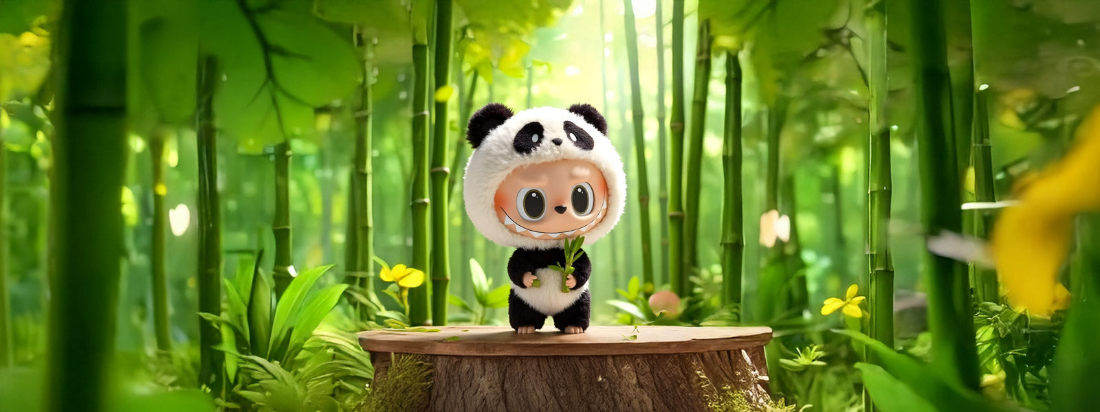 Labubu character in a fluffy panda costume standing on a tree stump holding bamboo leaves in a lush green bamboo forest with sunlight filtering through.