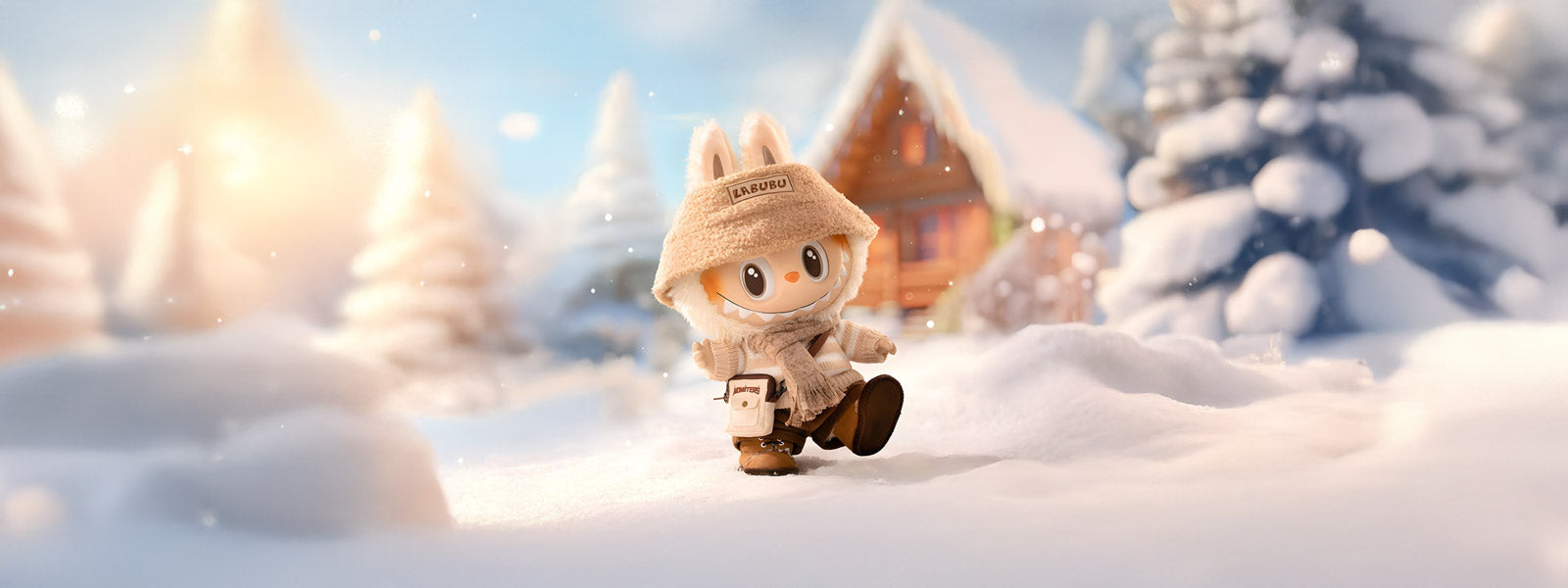 Labubu character wearing a fuzzy bucket hat, knit scarf, and brown boots walking through a snowy landscape with snow-covered trees and a wooden cabin.