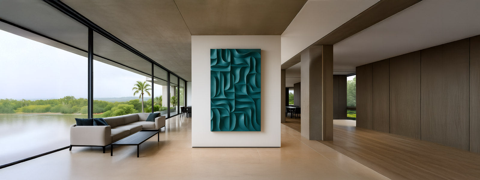 Large teal geometric 3D wall art with curved relief forms on a white partition in a modern open-plan space with floor-to-ceiling windows and a beige sofa.