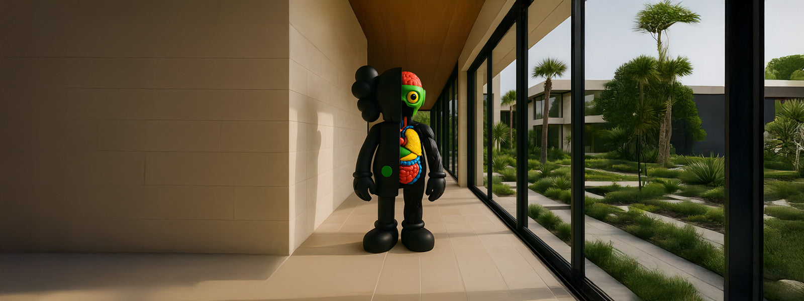 Large black dissected Iconify sculpture with colorful exposed anatomy in a modern hallway with beige walls, tall windows, and a palm-lined garden.
