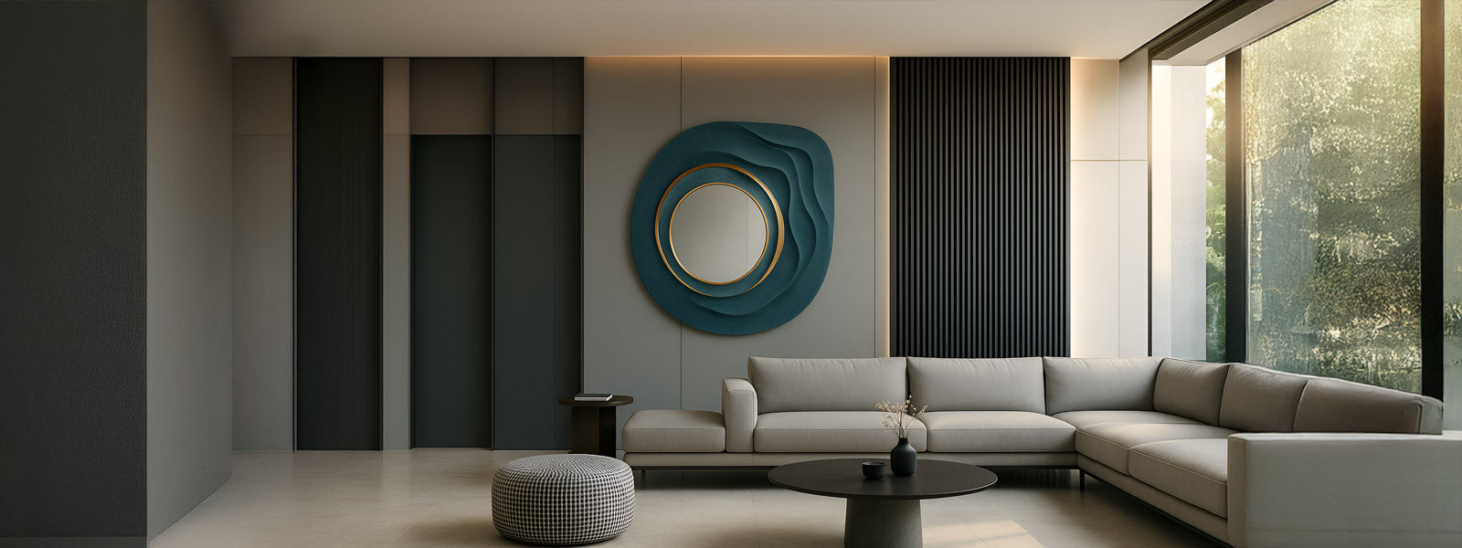 Modern living room with a neutral-toned sofa, decorative round mirror, and minimalist furniture. Sunlight streams through large windows, casting warm light on the sleek, stylish decor.