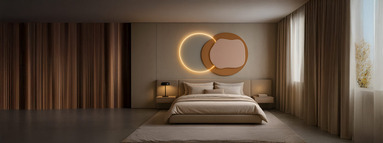 Minimalist bedroom with two overlapping LED sculptural wall art pieces in warm tones above a bed, wood-paneled accent wall and soft ambient lighting.