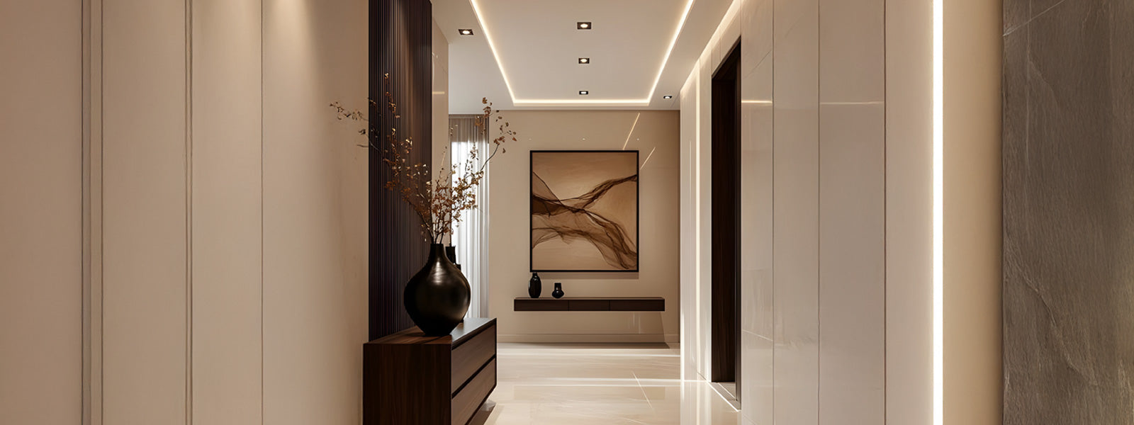 Modern hallway with a large abstract painting in warm brown tones, dark wood console, round black vase with dried branches, LED lighting, and paneled walls.