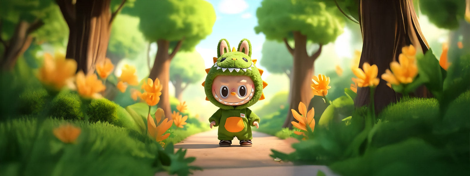 Labubu character in a green dinosaur costume with orange belly patch standing on a sunlit forest path lined with tall trees and orange wildflowers.