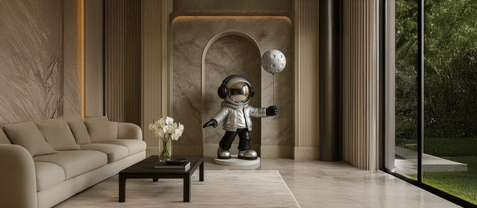 A shiny astronaut figurine stands on a wooden platform in a modern room, next to a sleek sideboard with books and a lamp. The background features a textured wooden wall.
