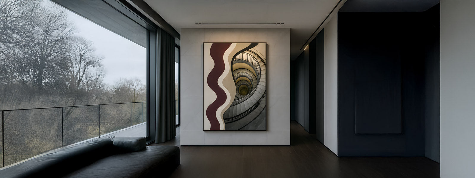 Abstract wall art featuring spiral staircase imagery with wavy maroon and cream bands in a modern hallway with floor-to-ceiling windows and a leather bench.