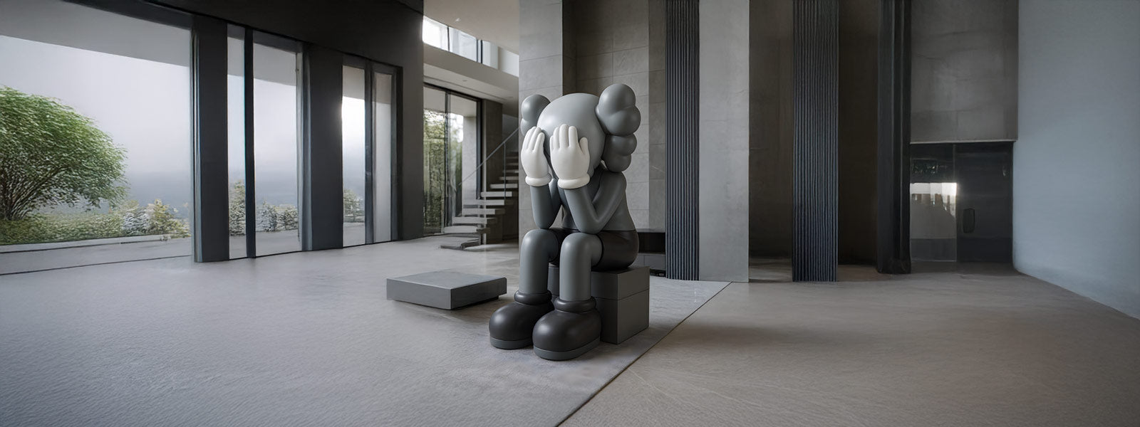 Gray Iconify sculpture seated on a block with hands covering its face in a modern interior with floor-to-ceiling glass doors and concrete finishes.