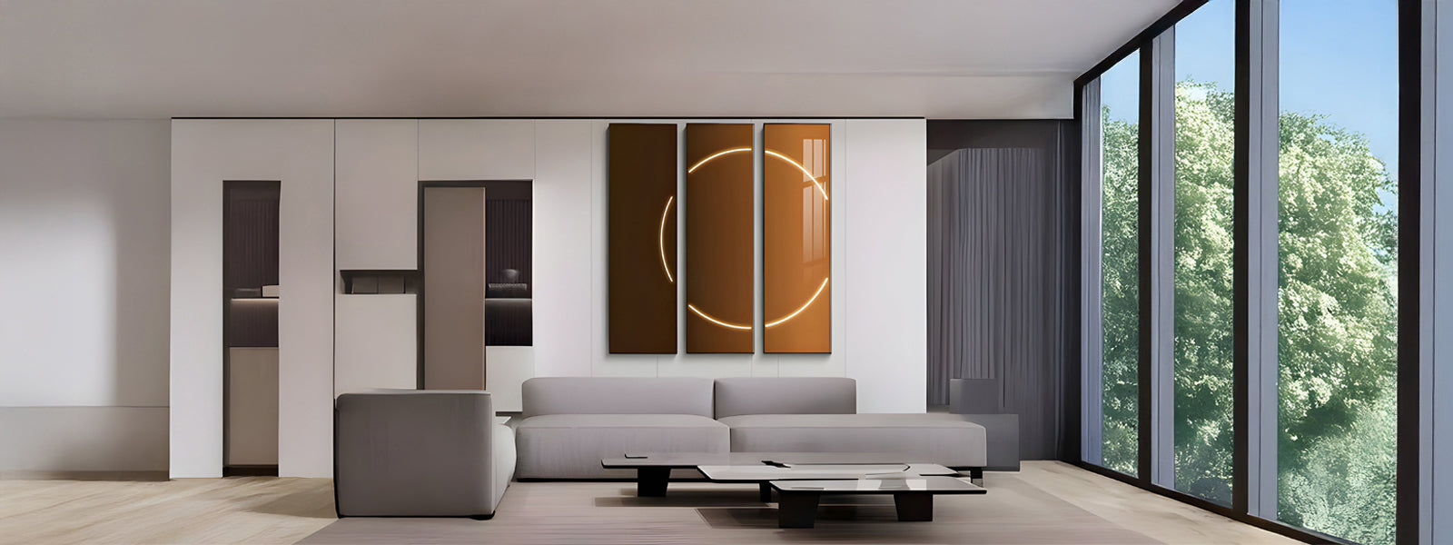 Three-panel amber and brown porcelain wall art with a glowing circular ring motif above a gray sectional sofa in a minimalist living room.