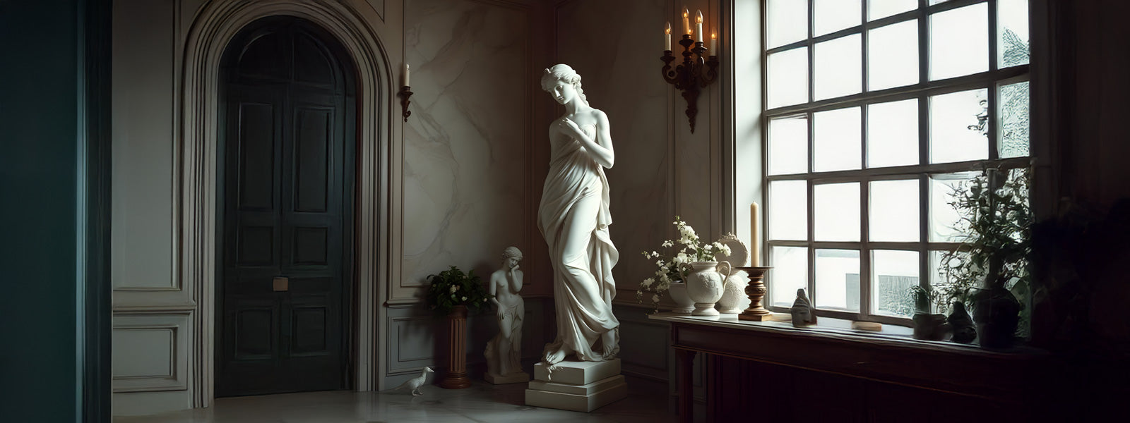 Tall white draped female figure statue on a square base in an elegant room with arched door, wall sconces, floral urns, and gridded window.
