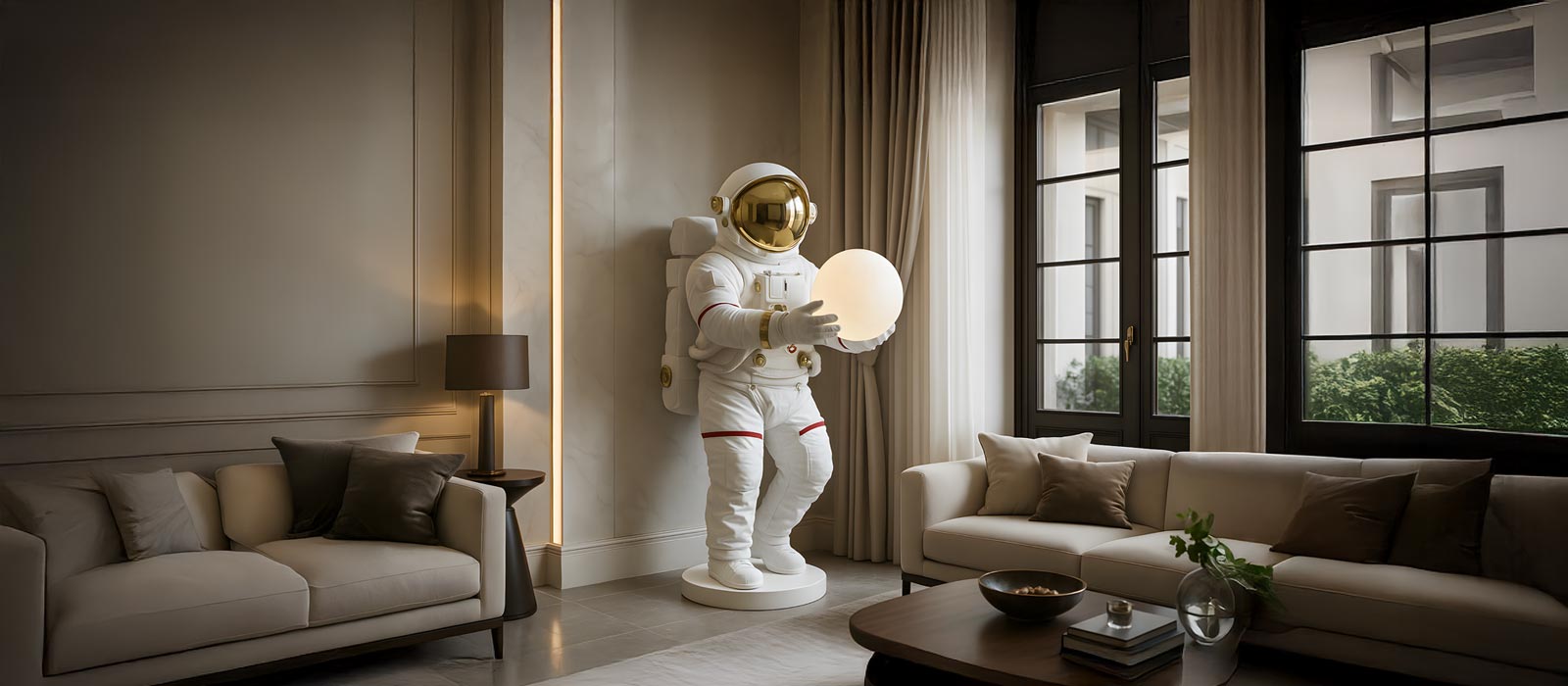 Large astronaut sculpture with a gold visor holding a glowing white globe, displayed in an elegant living room with beige sofas and a vertical LED wall light.