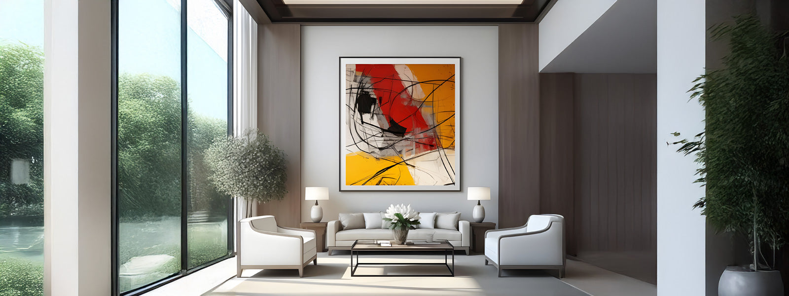 Large abstract canvas with bold red, orange, yellow, and black gestural brushstrokes displayed above a white sofa in a modern living room with tall windows.
