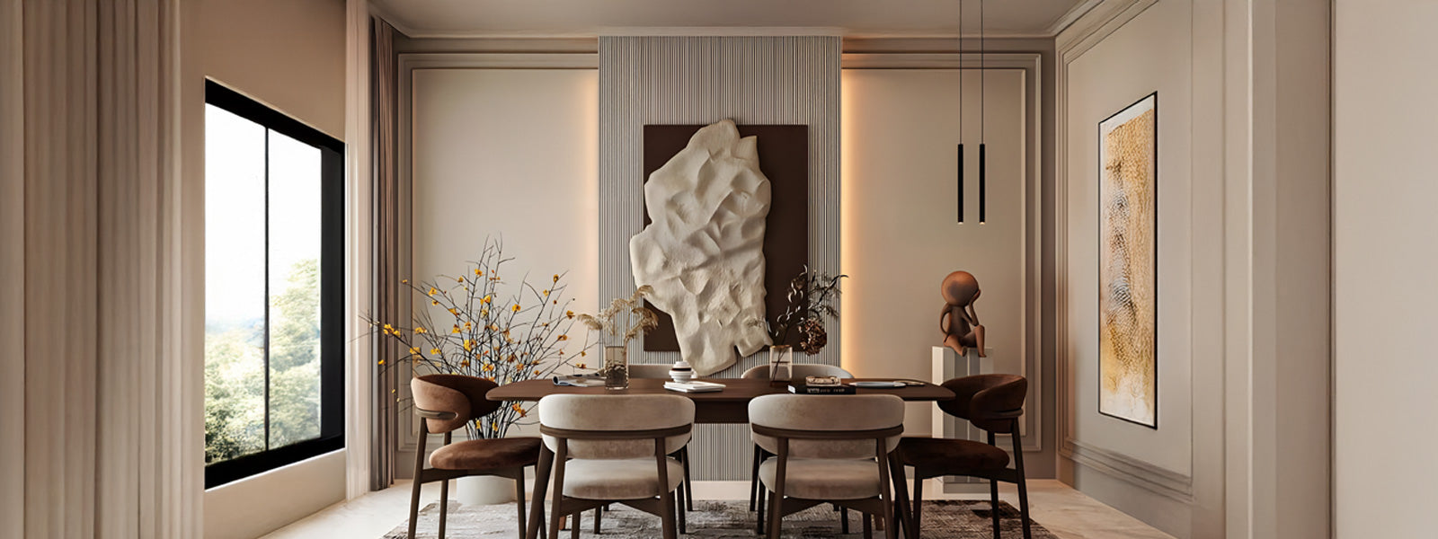 Dining room with a large white sculptural wall piece and framed abstract painting above a dark wood table with upholstered chairs.