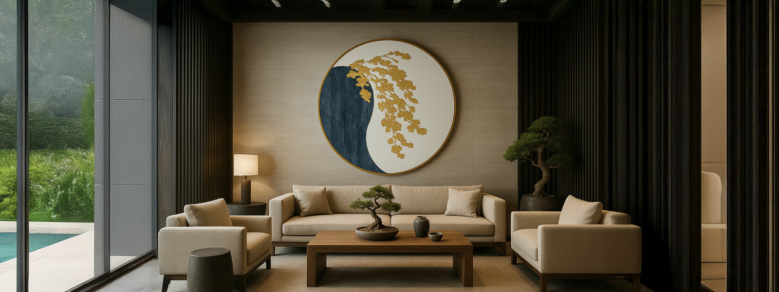 Circular zen wall art with gold leaf branches over a deep blue yin-yang form, mounted above a beige sofa in a modern living room with bonsai and pool view.