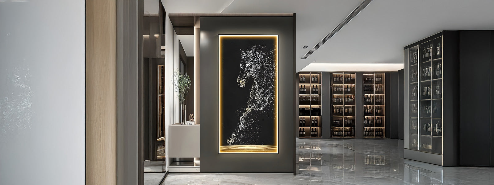 Backlit crystal art panel of a rearing horse in sparkling white fragments on a black background, mounted in a modern hallway with marble floors.