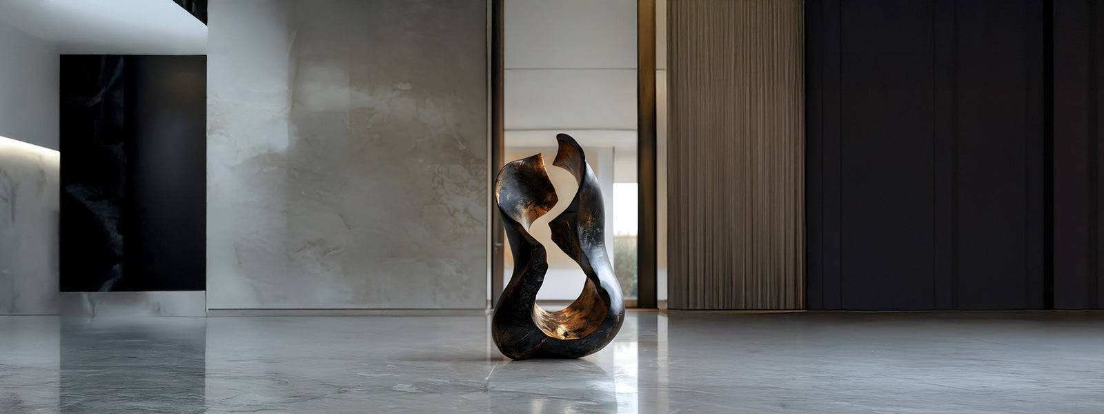 Abstract dark bronze sculpture with flowing organic curves and a hollow center on a polished marble floor in a minimalist interior with neutral walls.