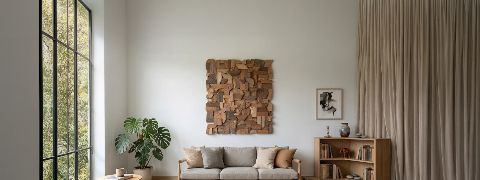 Wood wall art mosaic panel of irregular timber pieces in mixed natural brown tones, mounted on a white wall above a beige sofa in a bright living room.