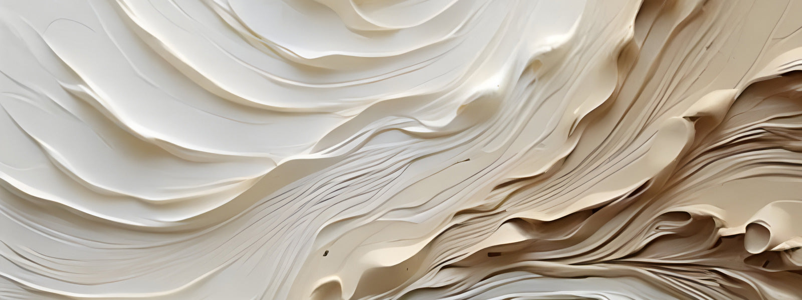Close-up of a layered sculptural surface with flowing wave-like ridges in cream and beige tones, showing smooth textural depth and organic movement.