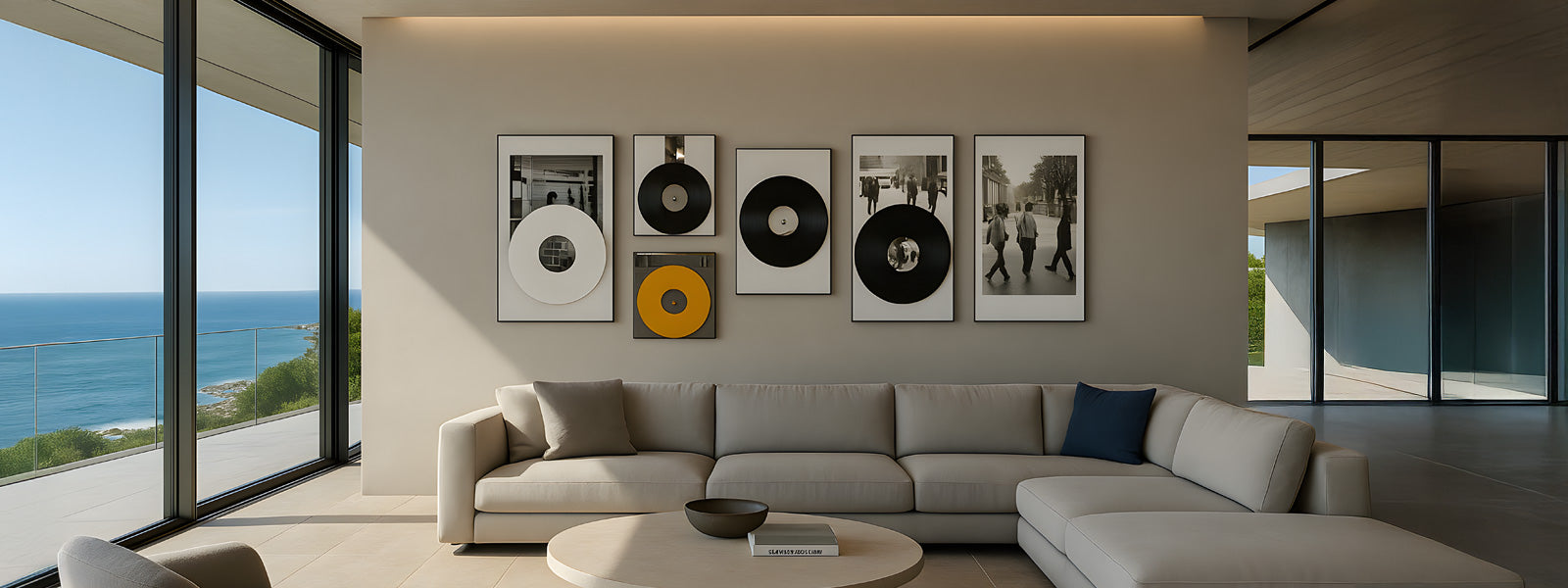 Vinyl records and black-and-white photography mounted on a beige wall above a sectional sofa in a modern living room with ocean views.