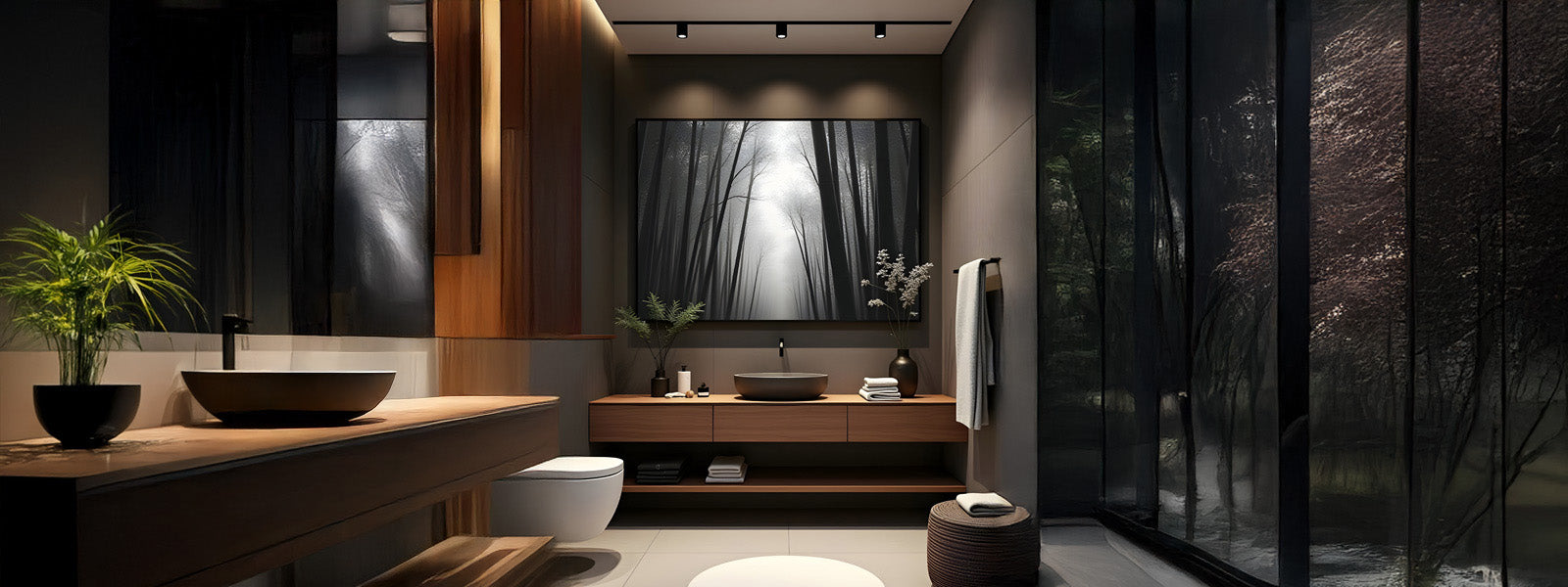 Modern bathroom with misty forest wall art above a floating wooden vanity with vessel sink, wall-mounted toilet, dark glass walls, and warm lighting.