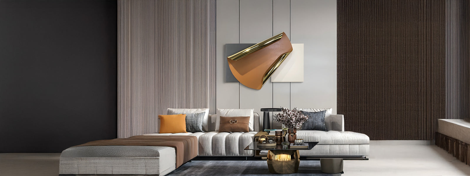 Abstract leather wall sculpture in tan and polished gold tones above a beige modular sectional in a modern living room with dark wood panels and glass table.