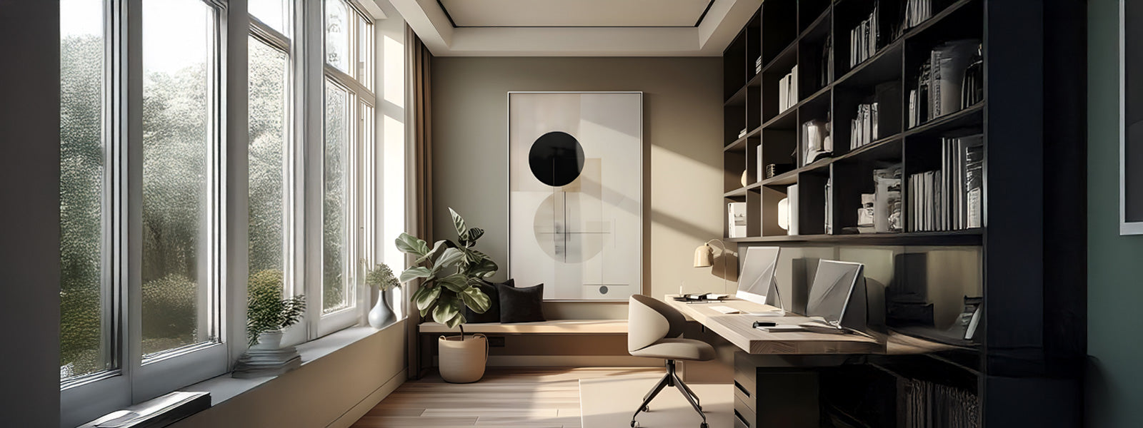 Modern home office with black and white abstract geometric wall art, tall windows, wooden desk with dual monitors, cream chair, dark bookshelves, and a plant.