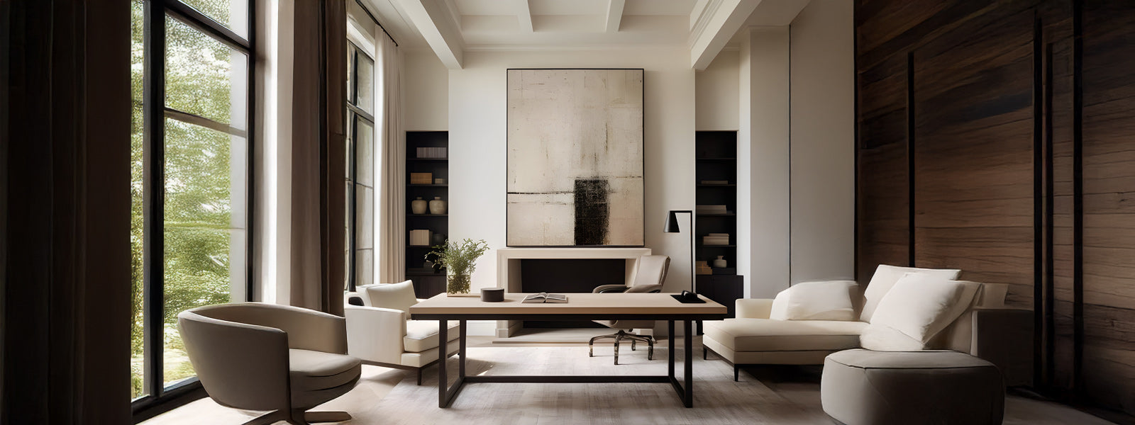 Bright modern living room with tall windows, white seating, a wood-paneled accent wall, and a wabi sabi abstract painting above a minimal fireplace.