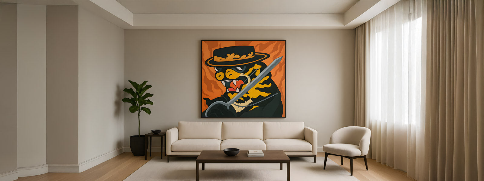Pop art canvas of a snake in a black Zorro hat and cape holding a sword against an orange background, displayed above a cream sofa.