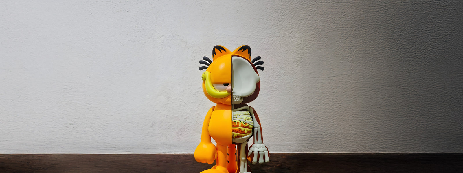Garfield half-anatomy collectible figure with exposed skeleton, bones, and organs on the right side, on a dark wooden surface against a white wall.