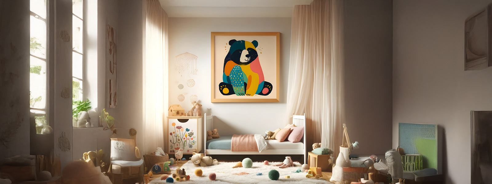 Colorful geometric bear print in a wood frame above a white toddler bed in a sunlit nursery with stuffed animals, a floral dresser, and sheer curtains.