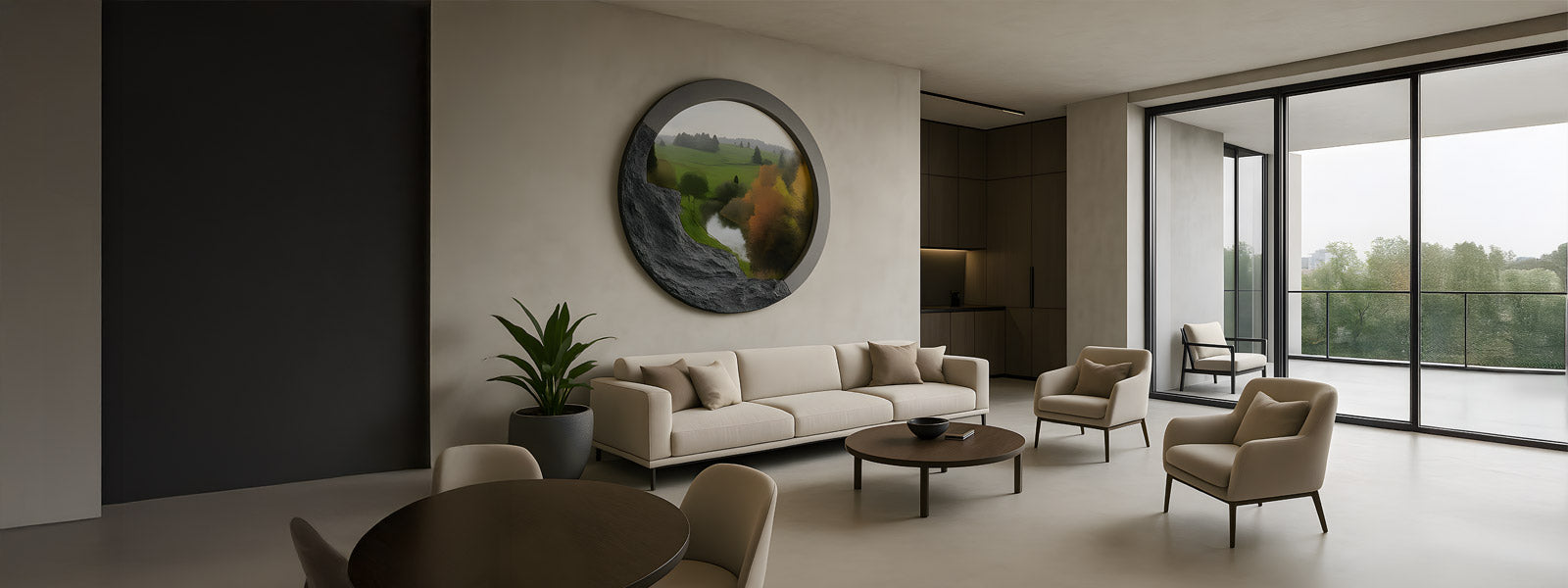 Circular landscape art piece featuring green hills, autumn trees, and a river, displayed in a modern living room with a beige sofa and tall windows.