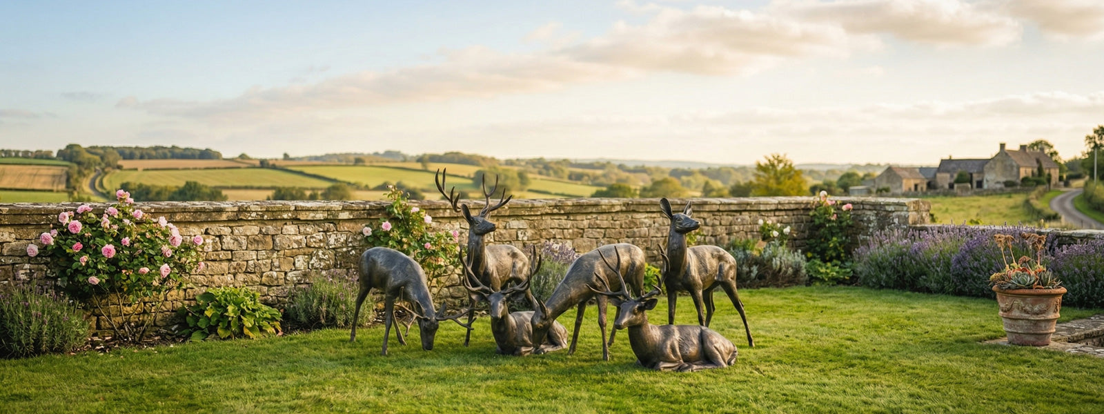 Bronze-finish deer sculptures in standing, grazing, and reclining poses on a manicured lawn beside a dry stone wall with pink roses and countryside beyond.