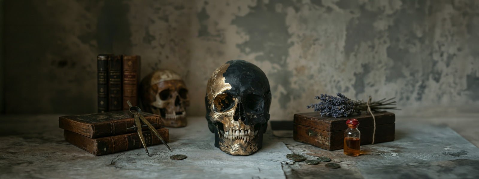 Black and gold skull sculpture on a weathered surface with antique books, brass compass, old coins, dried lavender, a wooden box, and amber bottle.