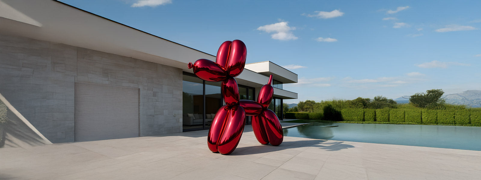 Red mirror-chrome giant balloon dog sculpture on a modern poolside terrace beside a minimalist stone-clad villa with green hedging and distant mountains.