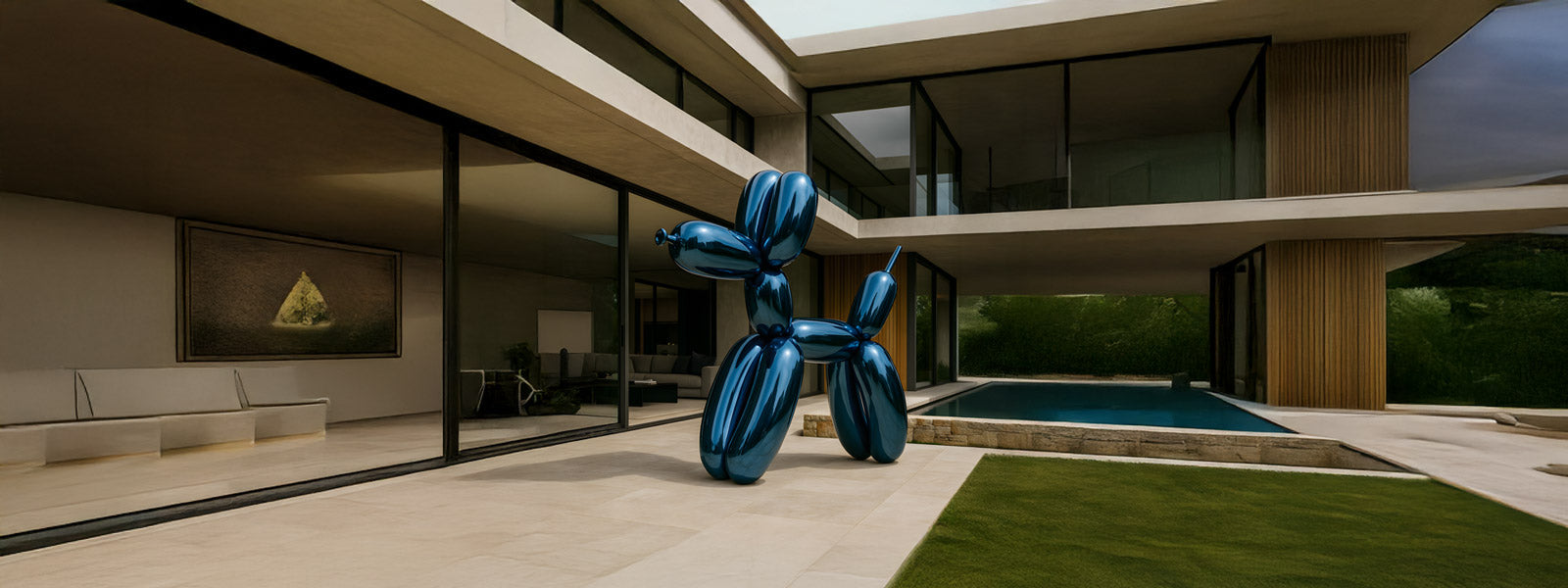 Large blue metallic balloon dog sculpture on a modern patio beside a swimming pool with floor-to-ceiling glass windows and minimalist interior behind.