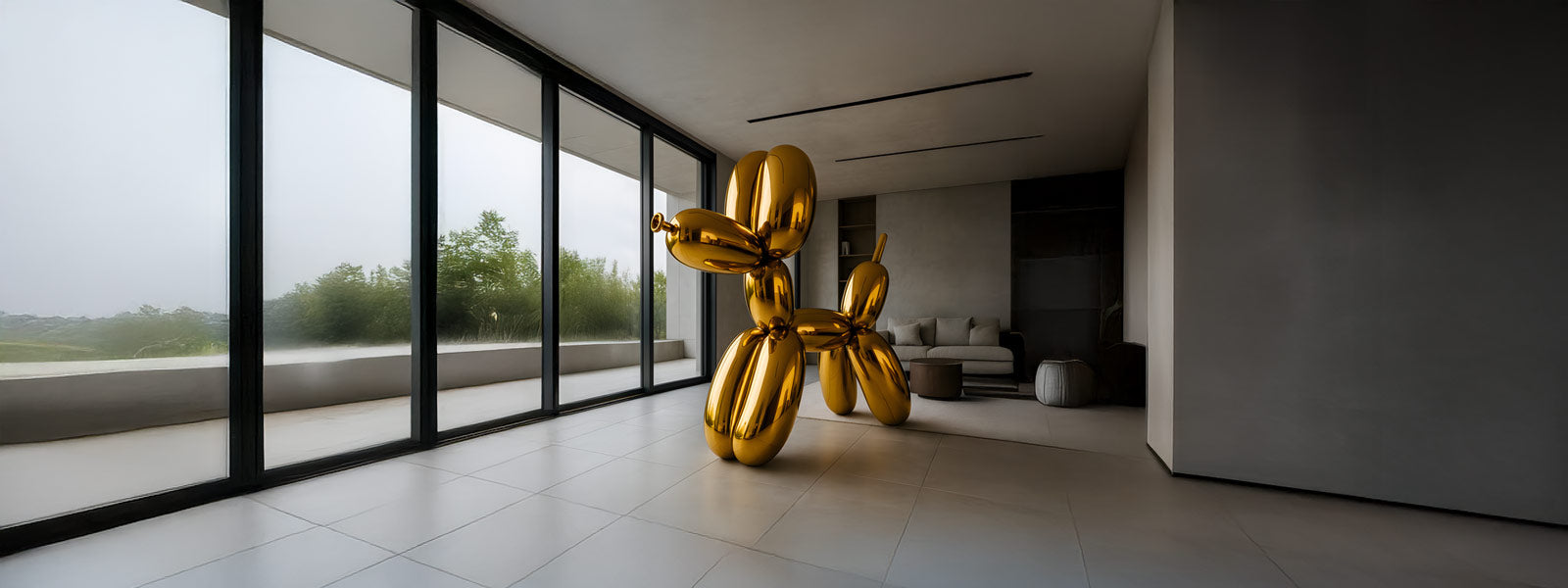 Large gold chrome balloon dog sculpture in a minimalist living room with floor-to-ceiling windows, light tile flooring, and a grey sofa in the background.