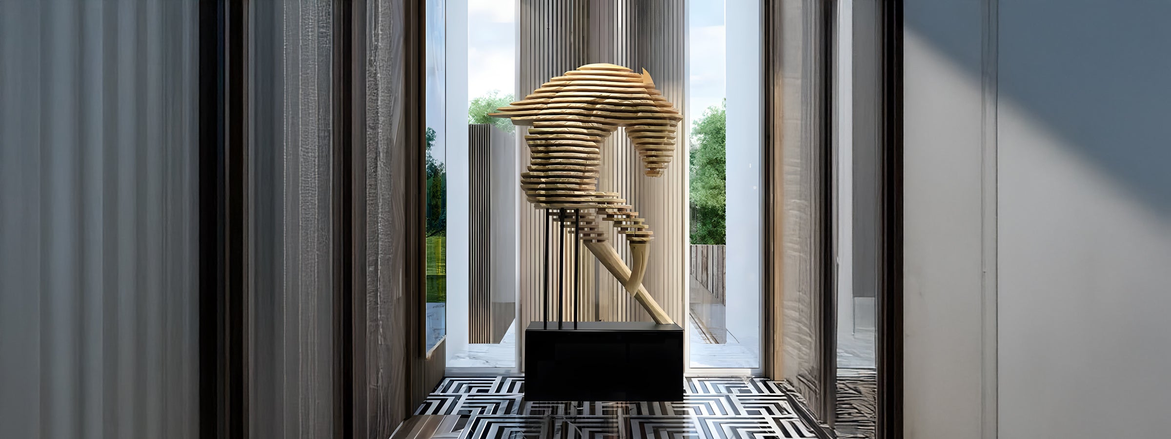 Gold-toned layered-slab horse sculpture on a black pedestal in a modern interior with tall windows, vertical slat screens, and geometric flooring.