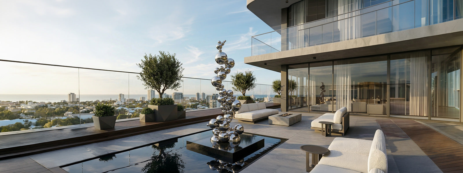 Tall polished stainless steel bubble sculpture rising from a dark platform in a reflective water feature on a modern high-rise terrace with white seating, potted olive trees, glass railings, and a coastal cityscape beyond.