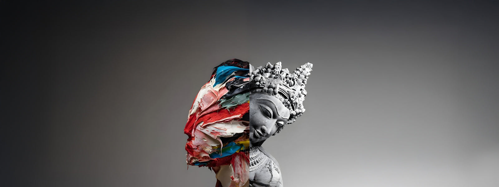 Grey stone female figure wearing an ornate floral crown, half-covered in thick impasto strokes of red, blue, white, and green on a dark grey gradient.