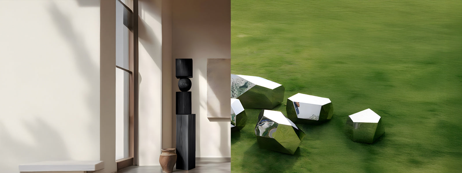 Dark wood totem sculpture in a sunlit interior beside tall windows and mirrored geometric rock sculptures on a green lawn showing versatile placement.
