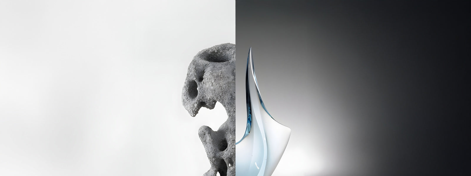 Split image contrasting a rough porous stone sculpture with hollow cavities against a sleek curved glass sculpture with blue-tinted edges on a dark background.