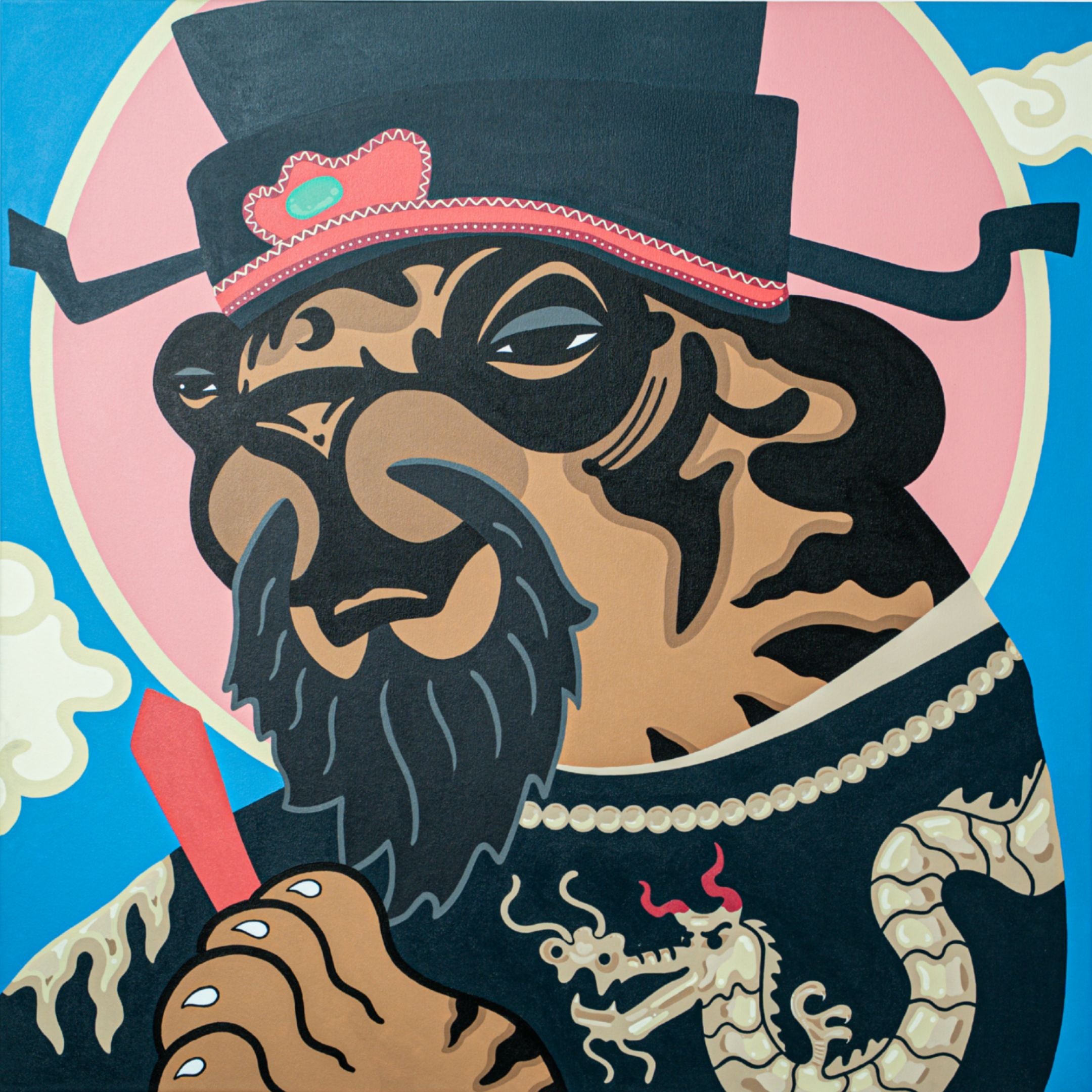 The Pao Bun Jin Tiger Pop Art Canvas Painting by Giant Sculptures features a bearded otter in traditional Chinese attire holding a red stick with dragon motifs, set against a backdrop of cultural symbolism. A pink circle and clouds contrast with the vibrant blue sky.
