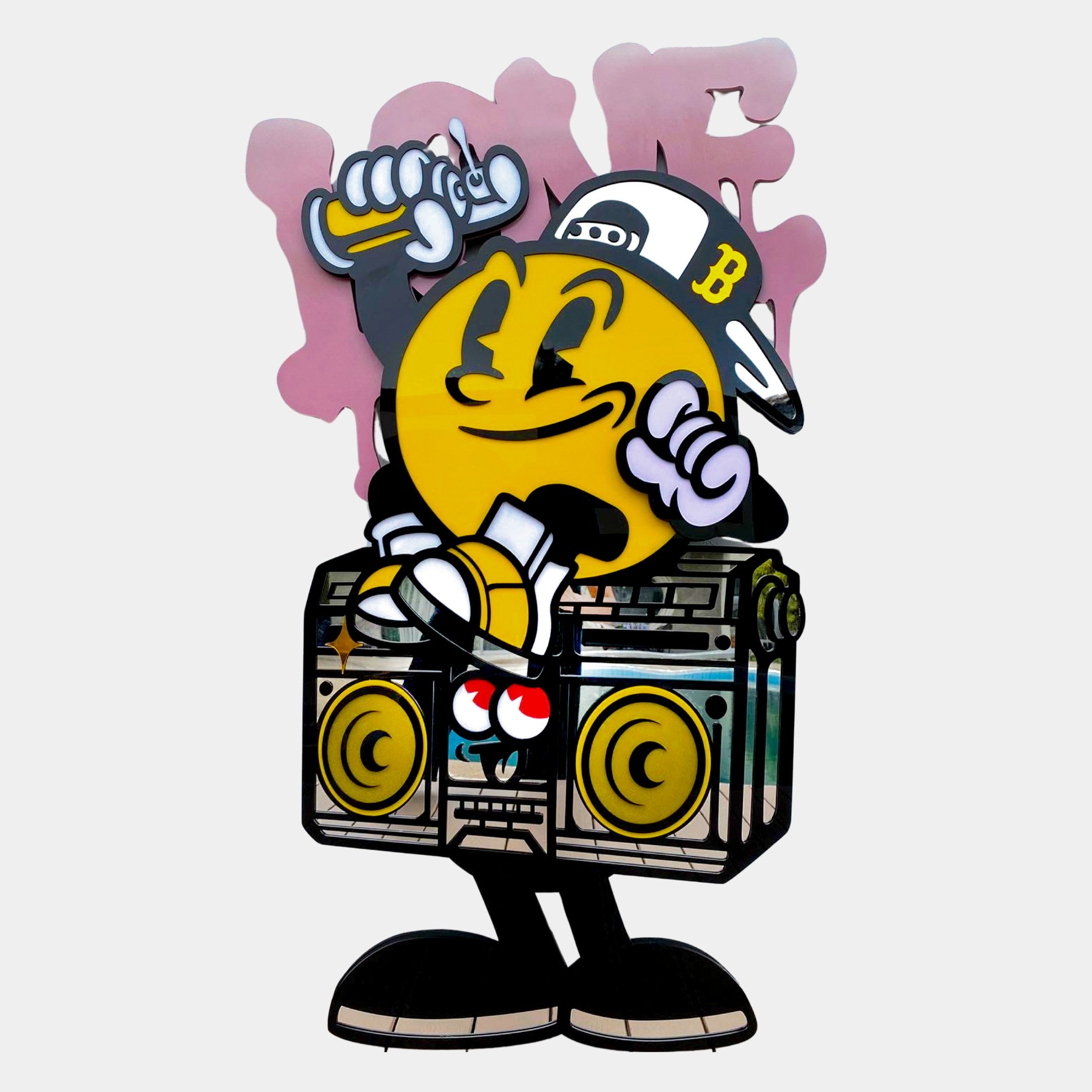 Spray Your Love 3D Wall Art by Giant Sculptures features a cartoon with a yellow smiley face in a B cap, holding a spray can on a boombox, with bold pink LOVE graffiti for vibrant street style and standout wall decor.