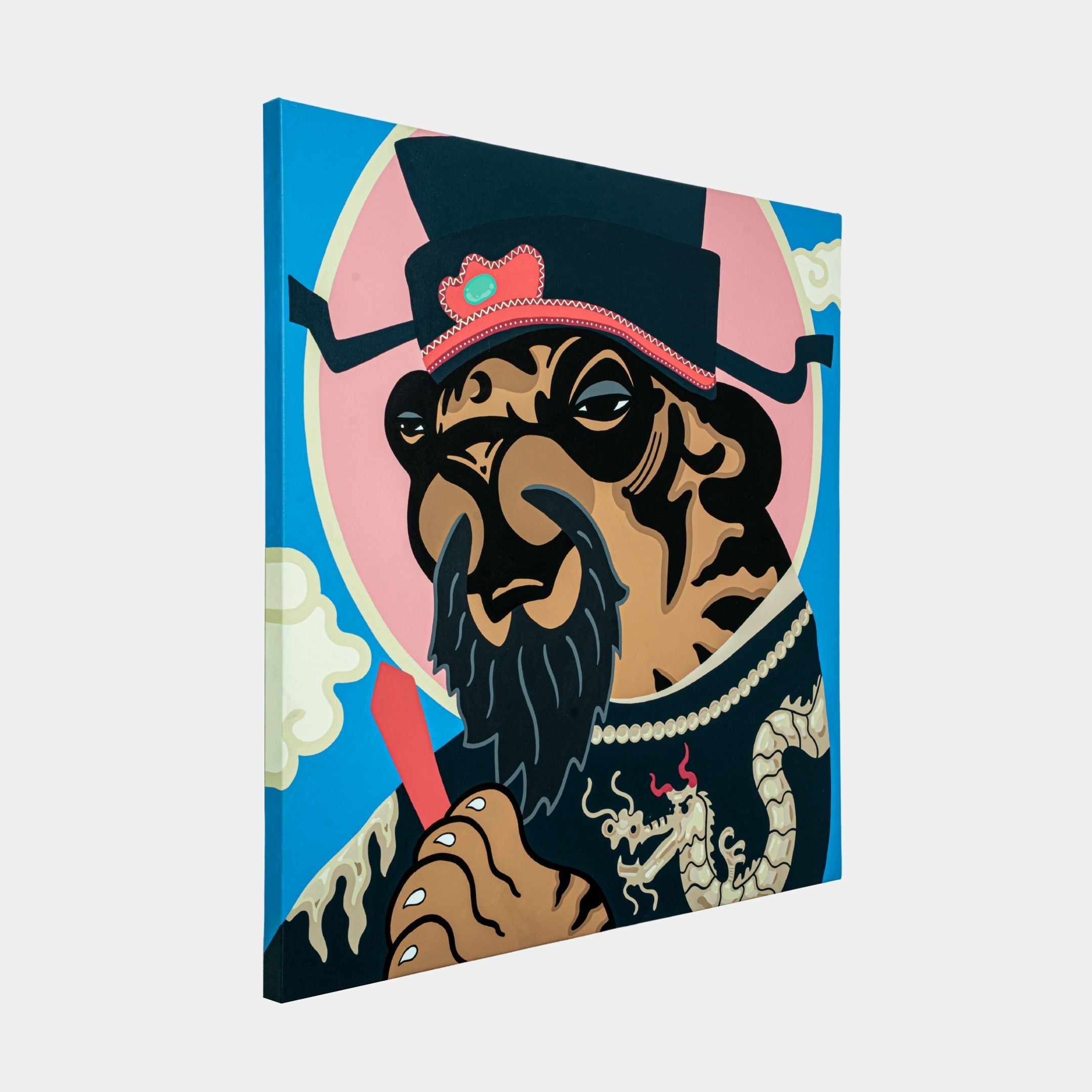 Giant Sculptures Pao Bun Jin Tiger Pop Art Canvas Painting depicts a stylized anthropomorphic animal in a black hat and dragon-patterned clothing, holding a red object. The blue background features clouds and a pink circle, capturing the cultural essence of tiger pop art.