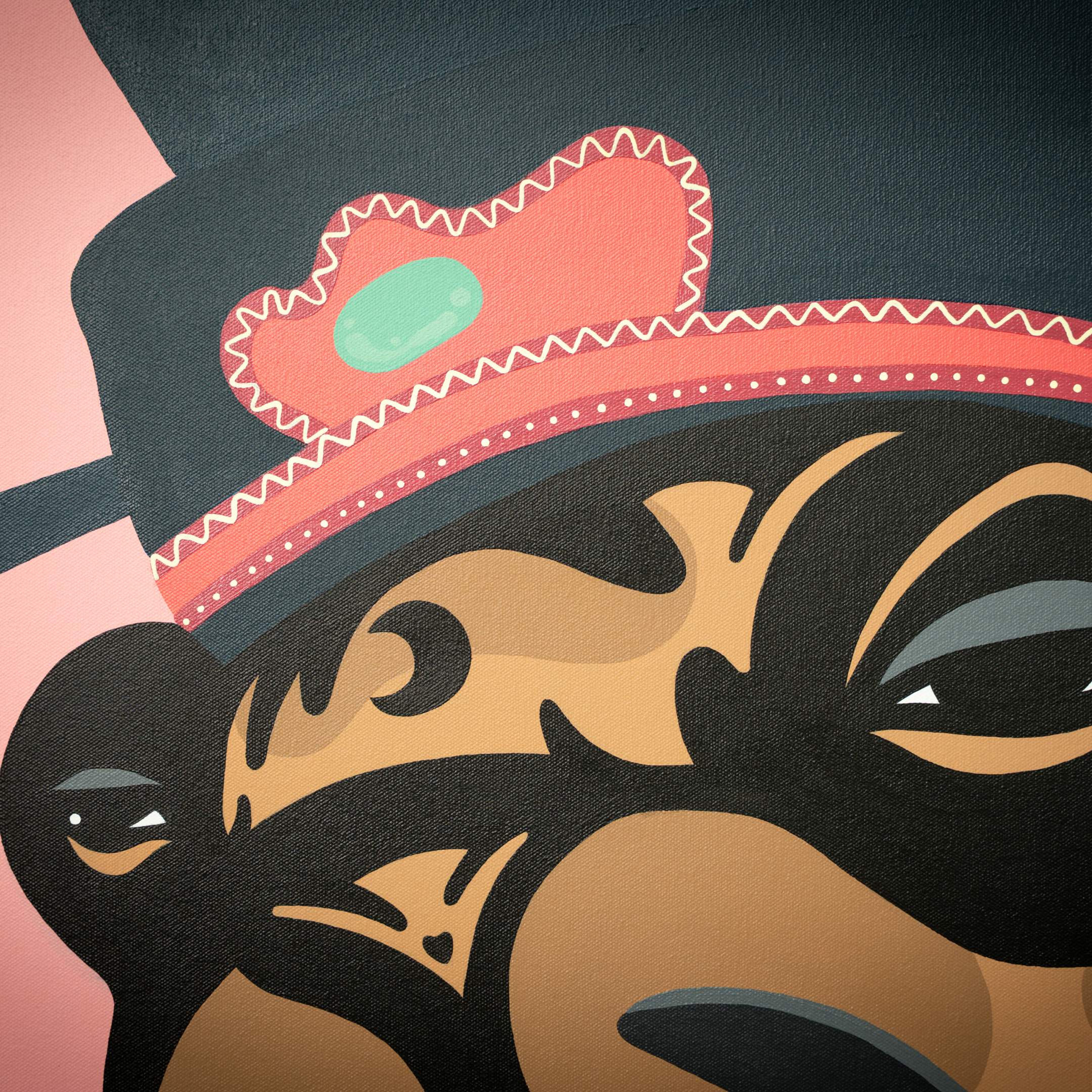 The Pao Bun Jin Tiger Pop Art Canvas Painting by Giant Sculptures showcases a vibrant bear face wearing a red and black hat with a mint green oval, featuring bold black outlines and intricate patterns for modern art with cultural symbolism.