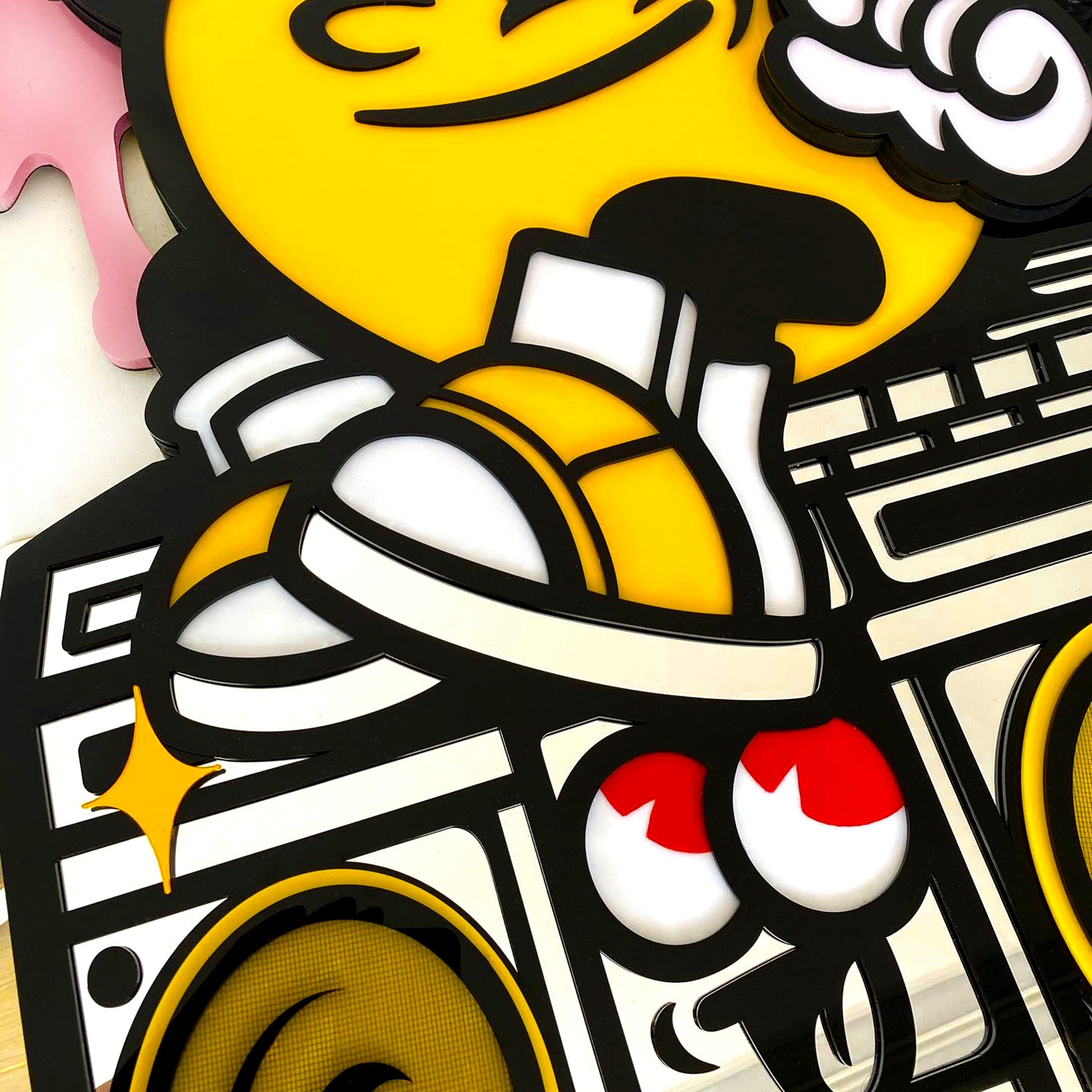 Spray Your Love 3D Wall Art by Giant Sculptures features a cartoon-style yellow character in sneakers on a bold boombox, with bright colors, black outlines, playful red glove accents, and street style flair.