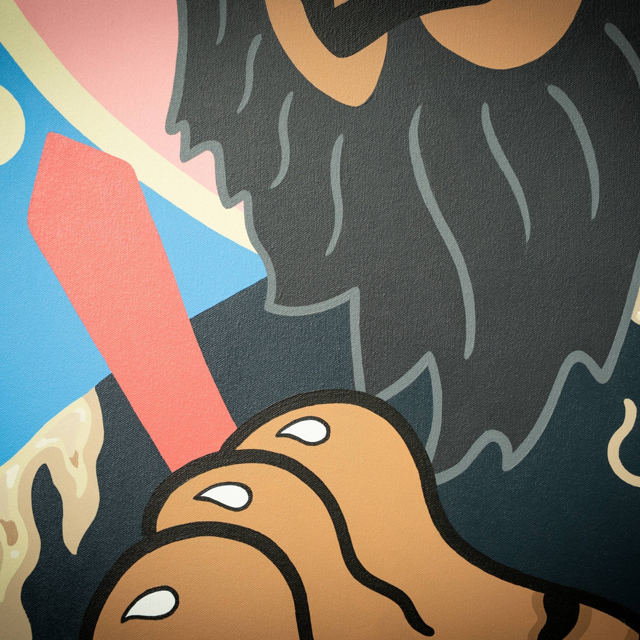 The vibrant Pao Bun Jin Tiger Pop Art Canvas Painting by Giant Sculptures features a bearded face with three fingers and a red elongated shape on acrylic canvas. Its cartoonish blue and pink hues showcase cultural symbolism, hinting at tiger pop art influences.