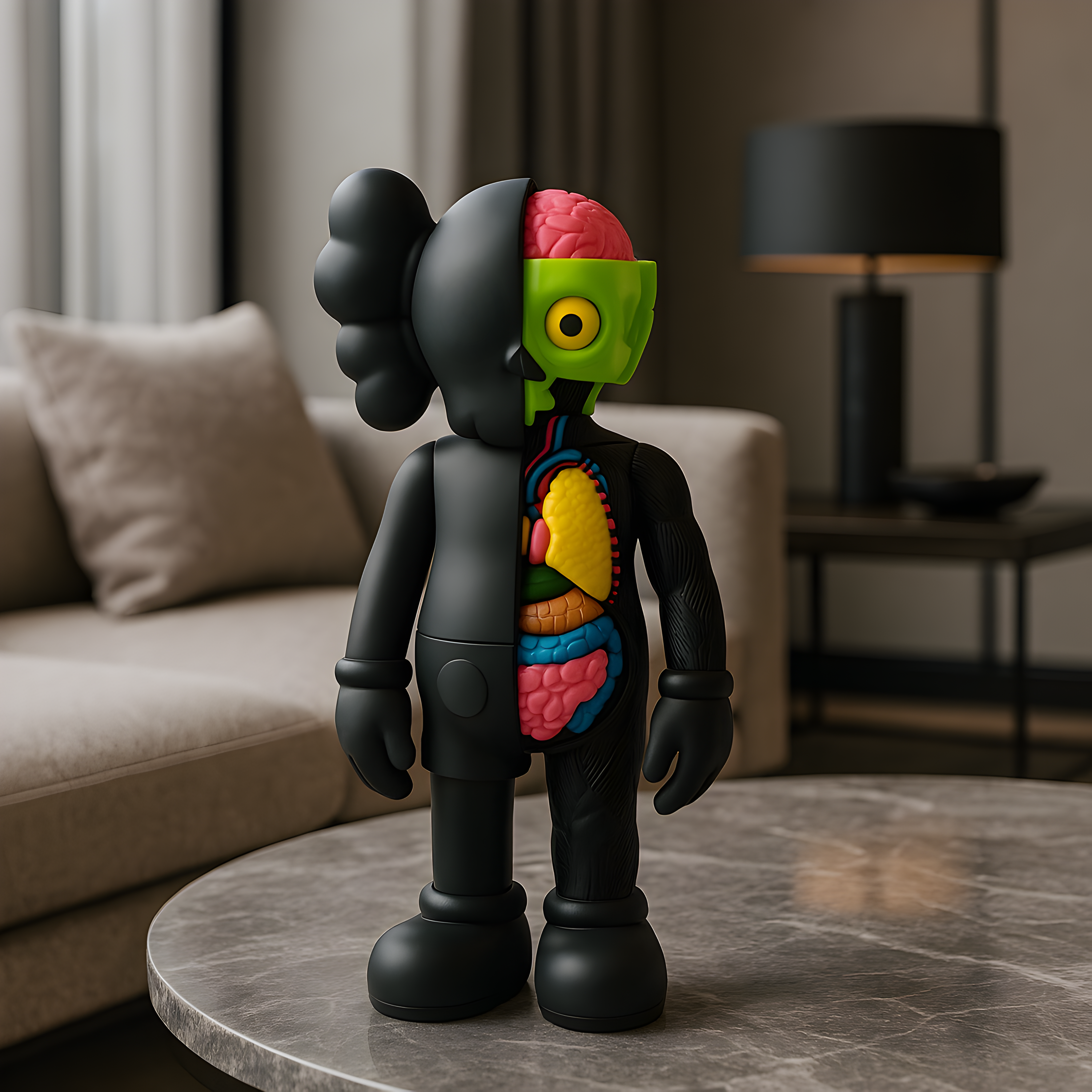 The Midnight Black Iconify Anatomy Figure - 28cm by Giant Sculptures, with a dissected body showing colorful organs, stands on a round marble table, enhancing the modern living rooms aesthetics alongside a chic sofa and lamp.