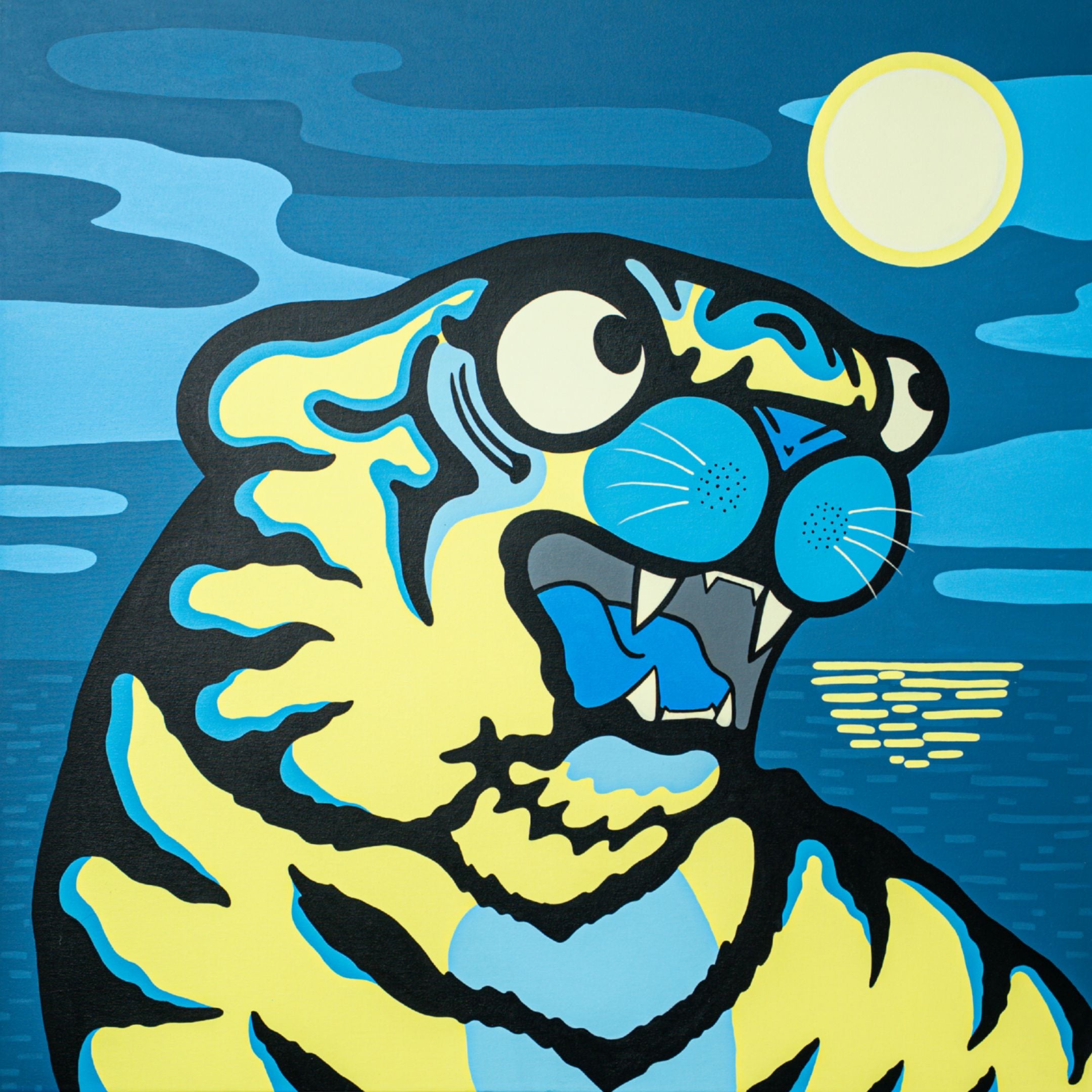 The Moon Tiger Pop Art Canvas Painting by Giant Sculptures features a stylized cartoon tiger with blue and yellow stripes, wide eyes, and an open mouth against wavy blue patterns and a bright yellow sun background, exuding an expressive and serene glow.