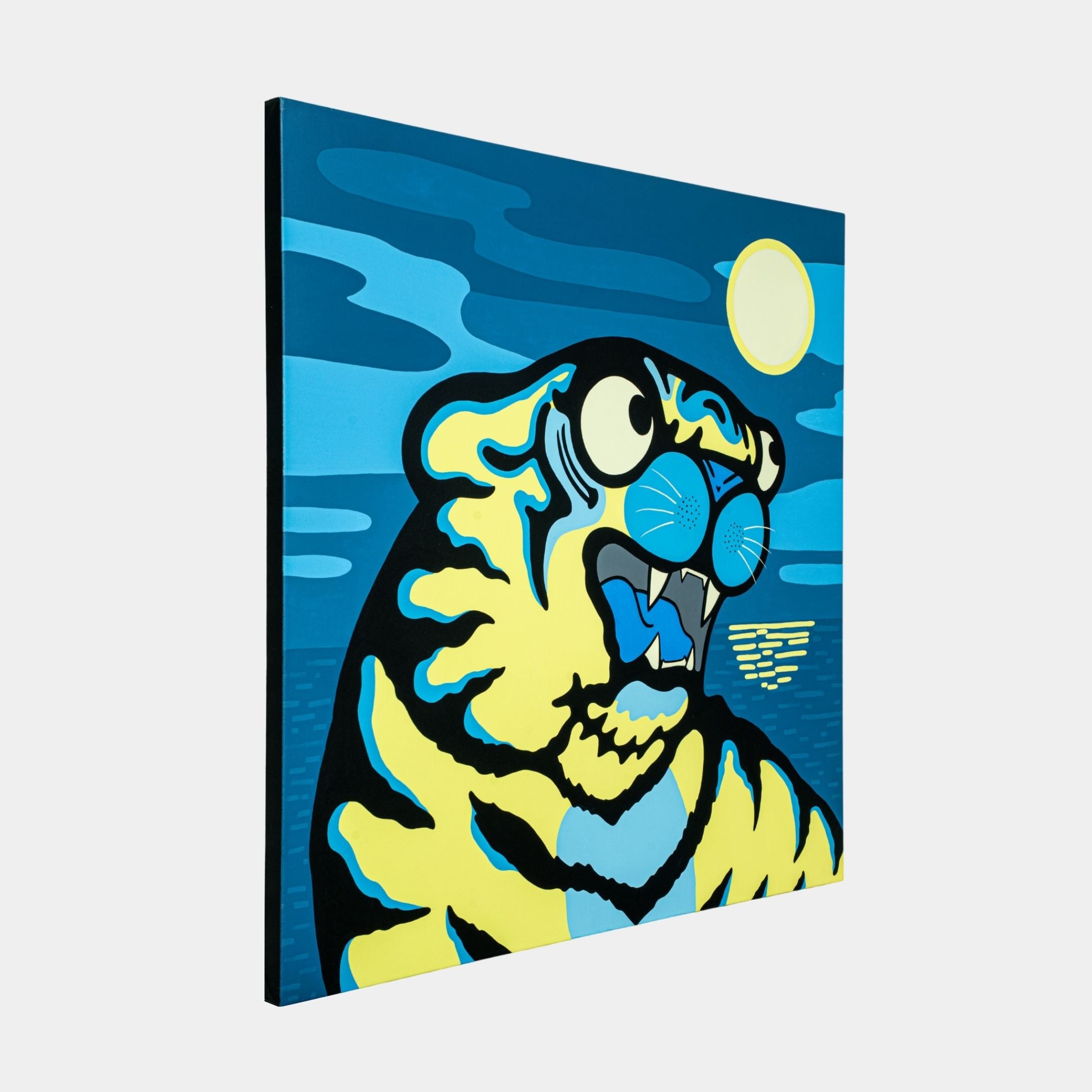 The Moon Tiger Pop Art Canvas Painting by Giant Sculptures depicts a cartoonish tiger with exaggerated features and round glasses, vivid in yellow and black with bright blue accents. Acrylics on canvas form a whimsical scene with a sun and stylized blue clouds set against the night sky.