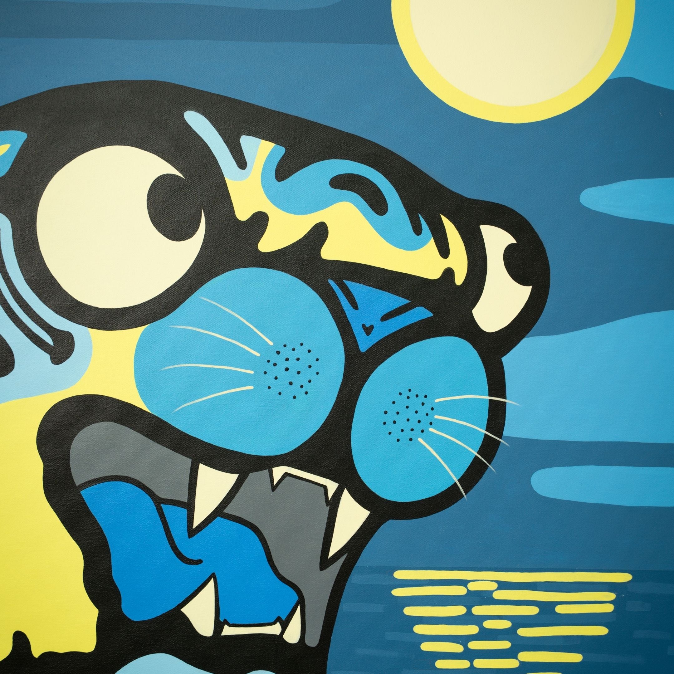 The Moon Tiger Pop Art Canvas Painting by Giant Sculptures vividly portrays a colorful panther with large eyes and fangs, set against a blue sky, glowing white moon, and stylized water reflection, all rendered in bold acrylics on canvas.